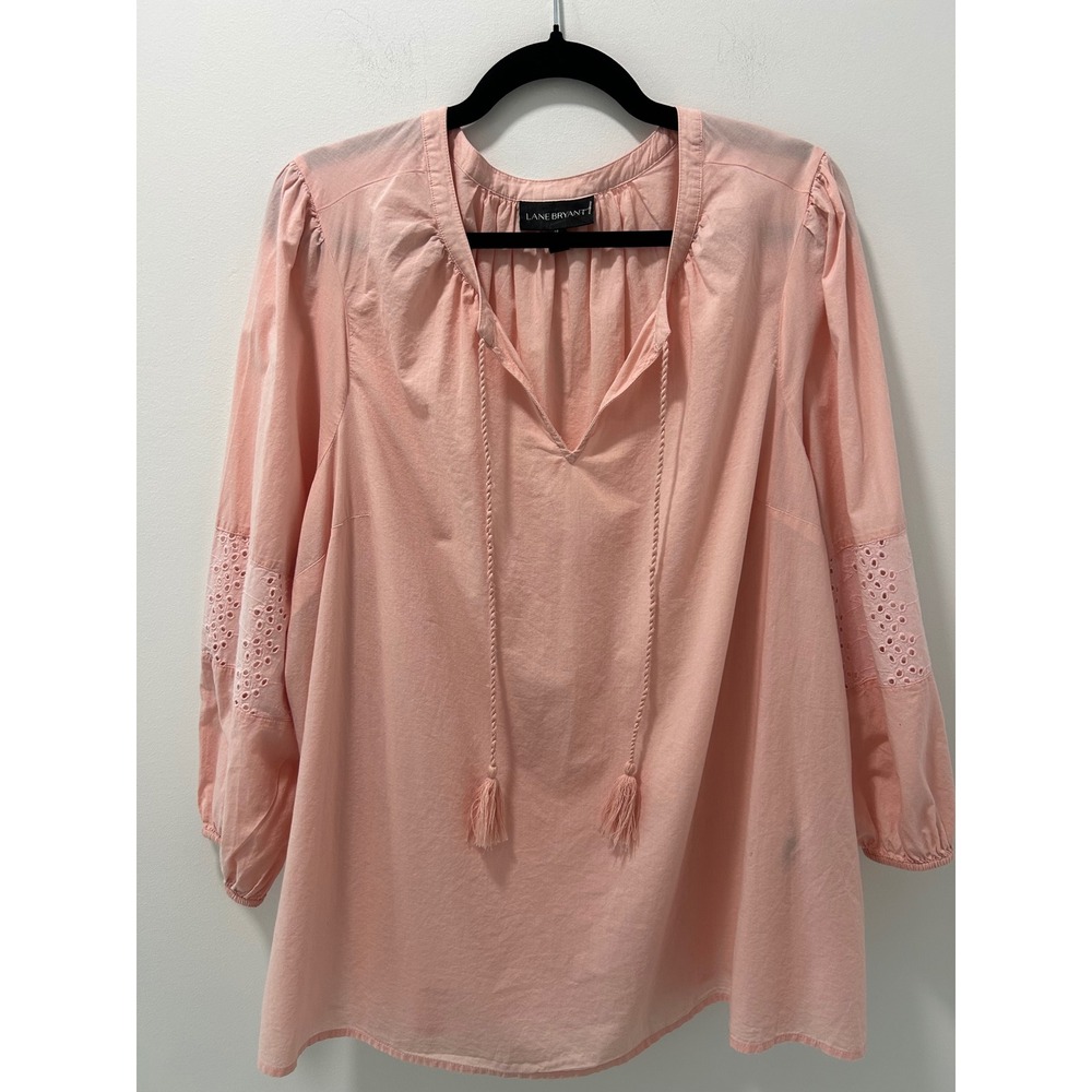 Lane Bryant Pink Cotton Eyelet Sleeve Peasant Blouse Tassel Tie Top Sz 16